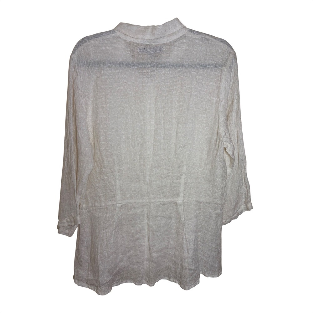 FLAX White 100% Linen Button Down Shirt Long Sleeve Textured M peplum  lagenlook - Picture 2 of 10